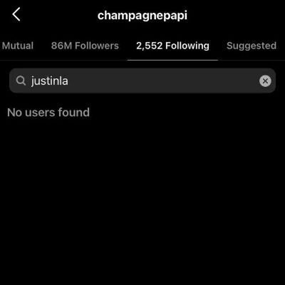 Screenshot shows Justin's name not showing in Drake's following list.